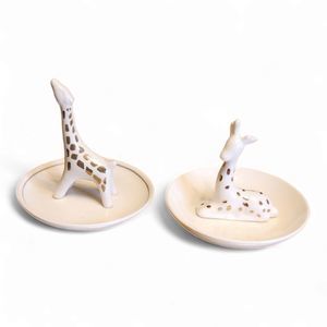 Giraffe Jewelry Trinket Dish Ring Holder, Set of 2 White Ceramic with Gold Spots